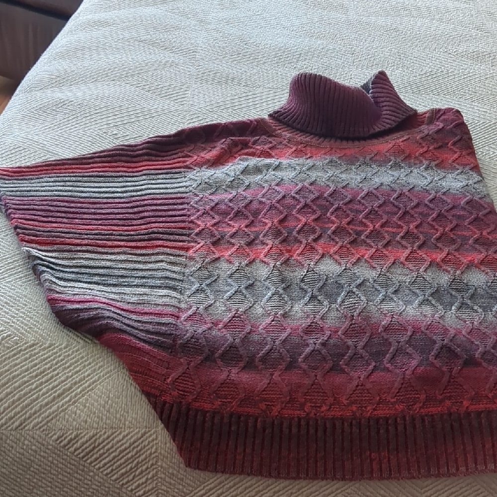 Red and Gray Turtleneck Sweater with Cowl Neck